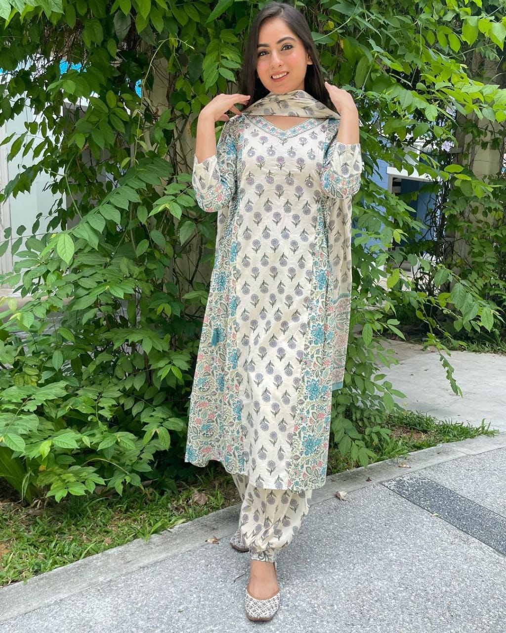 Grey Floral Afghani Suit Set with Embroidery and Tassels