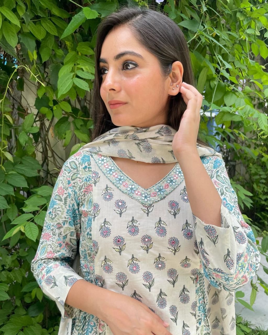 Grey Floral Afghani Suit Set with Embroidery and Tassels