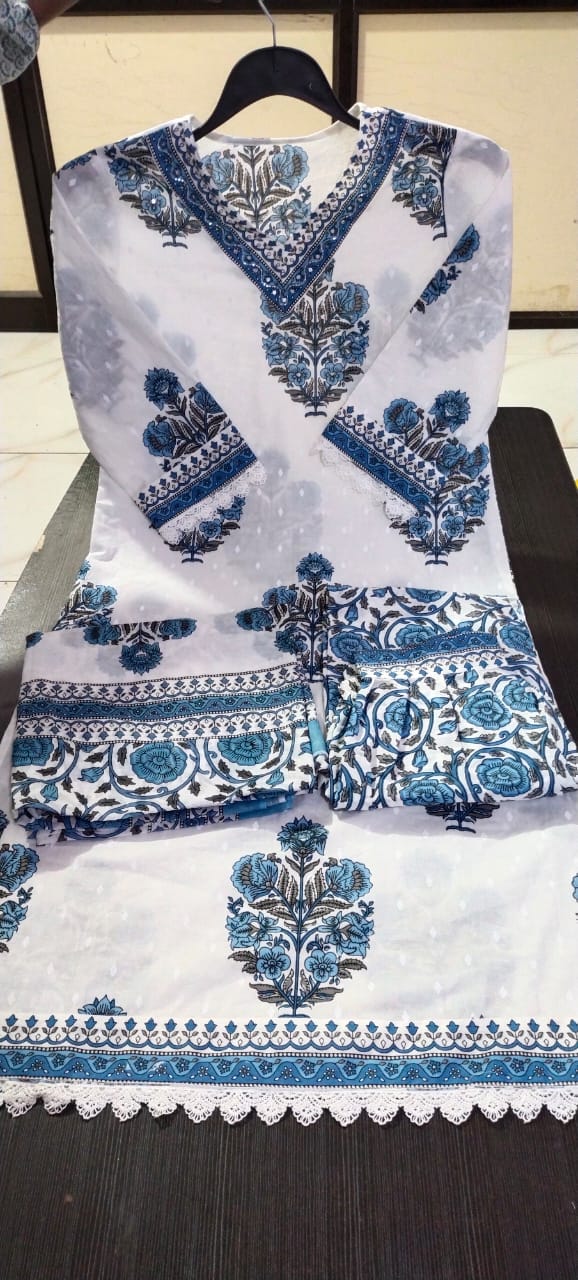 Handcrafted White-Grey Floral Afghani Suit Set