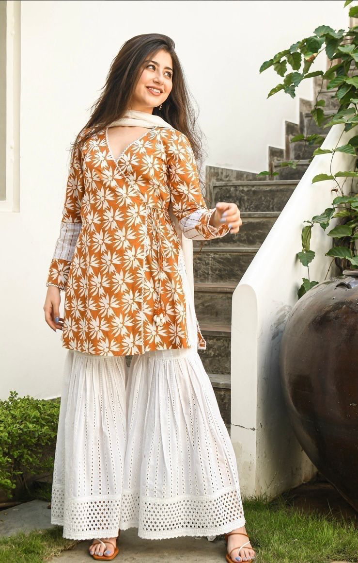 Elegant Procin print Angrakha Kurti Set with Lace and Tassel