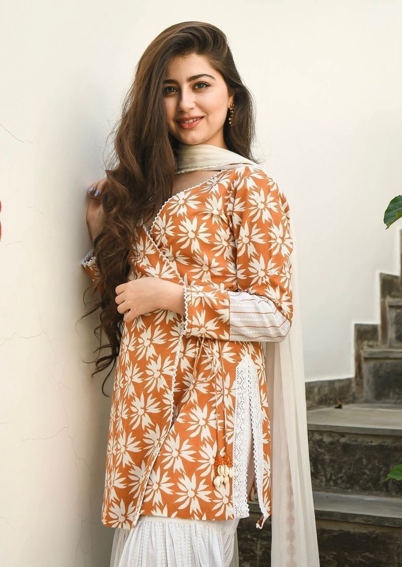 Elegant Procin print Angrakha Kurti Set with Lace and Tassel