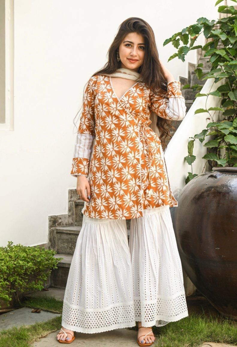 Elegant Procin print Angrakha Kurti Set with Lace and Tassel