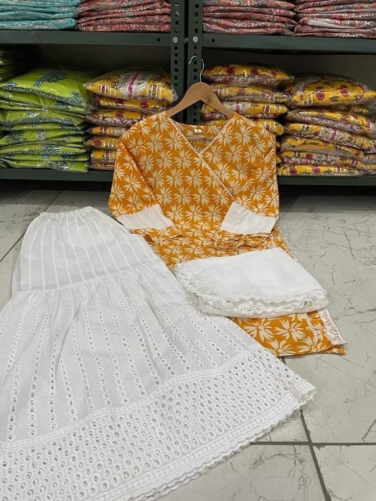 Elegant Procin print Angrakha Kurti Set with Lace and Tassel