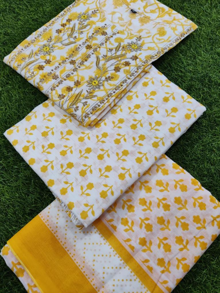 Yellow Cambric Cotton Suit Set with Embroidery and Sequin Detailing