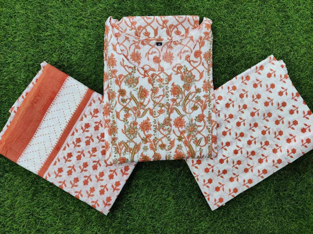Peach Cambric Cotton Suit Set with Embroidery and Sequin Detailing