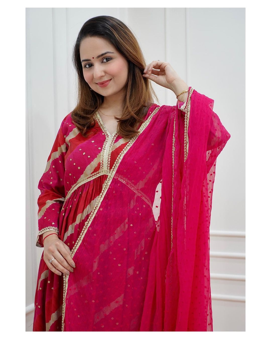Elegant Magenta Cotton Kurti Set with Handcrafted Dupatta and Embroidered Neckline