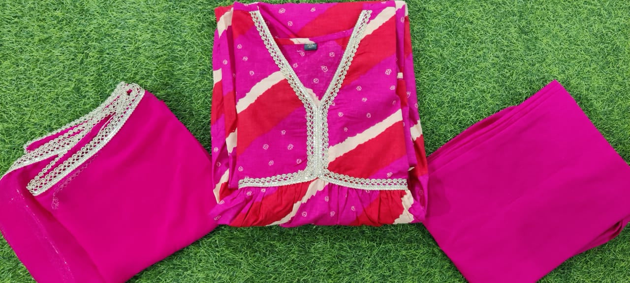 Elegant Magenta Cotton Kurti Set with Handcrafted Dupatta and Embroidered Neckline