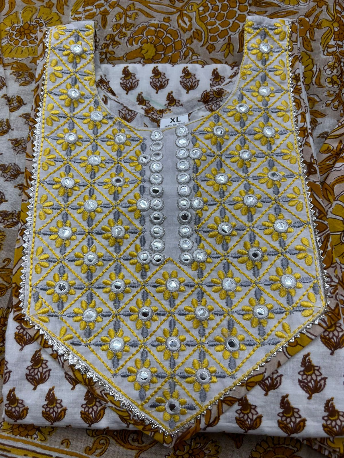 Elegant Beige Sanganeri Block Print Cotton Suit Set with Adda Work Detailing