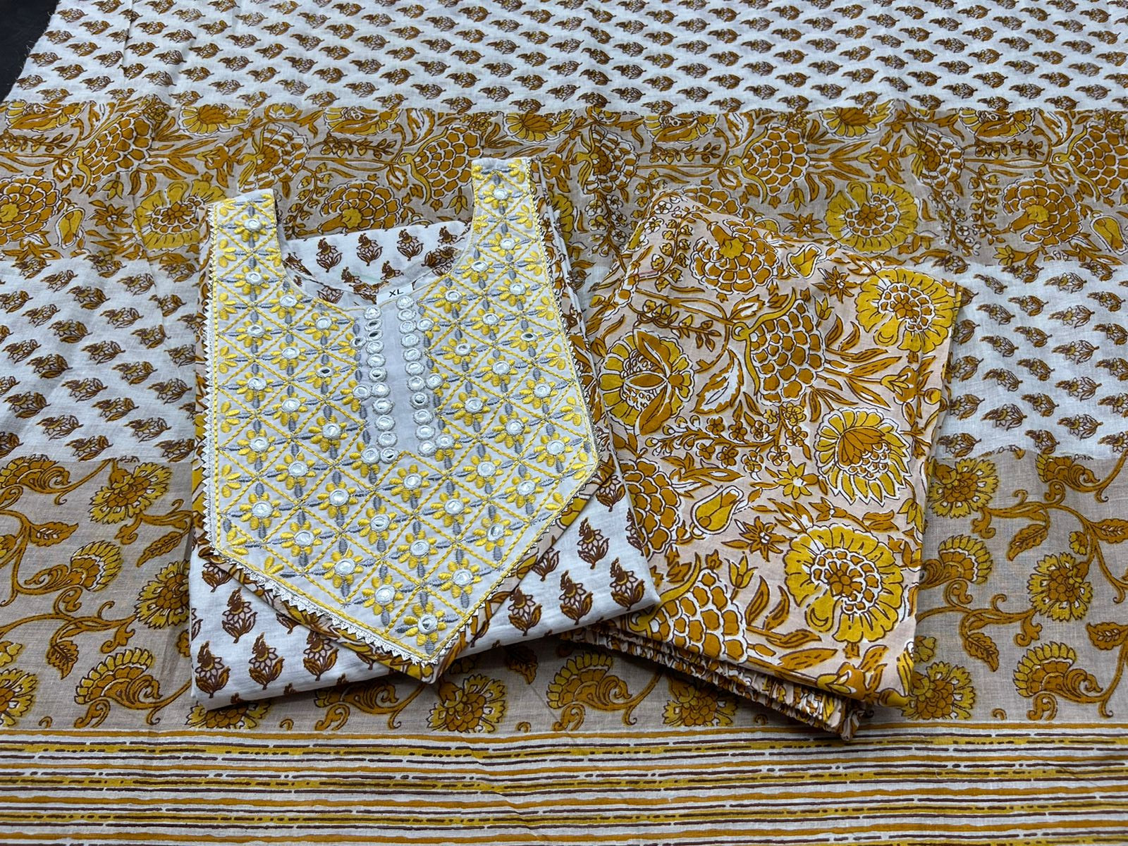 Elegant Beige Sanganeri Block Print Cotton Suit Set with Adda Work Detailing