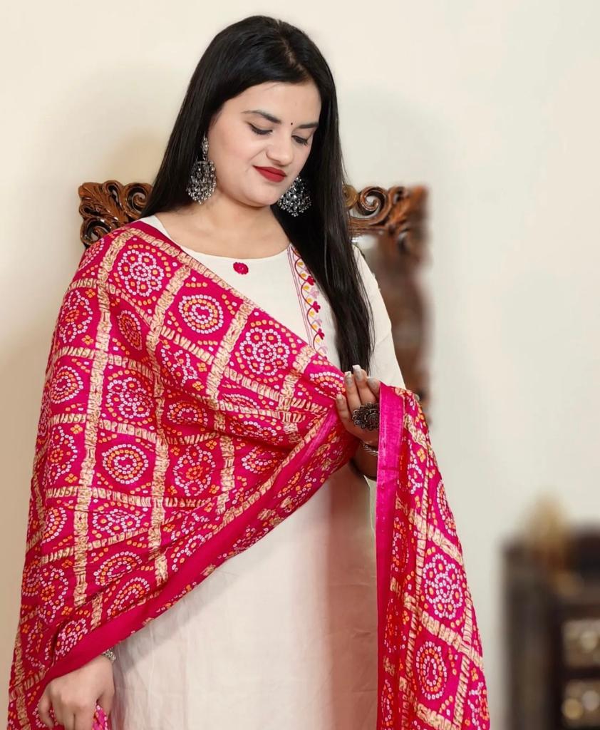Hand-Embroidered Creamy White A-Line Kurta with Pants and Bandhej Printed Dupatta