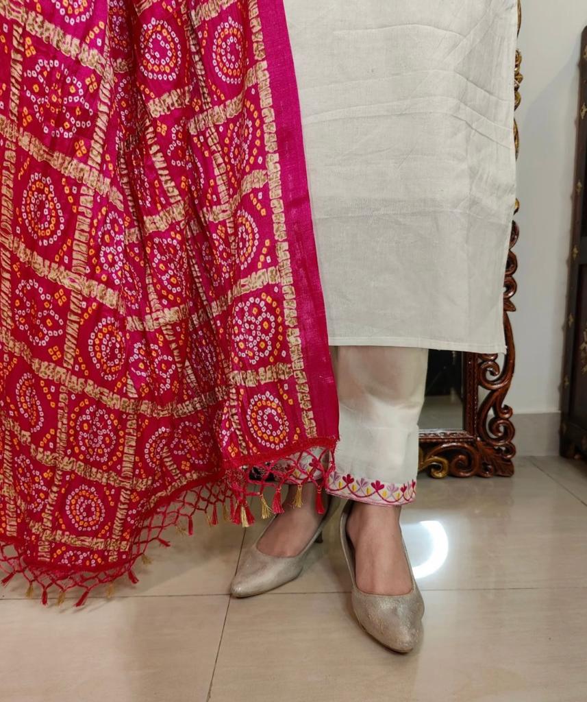Hand-Embroidered Creamy White A-Line Kurta with Pants and Bandhej Printed Dupatta