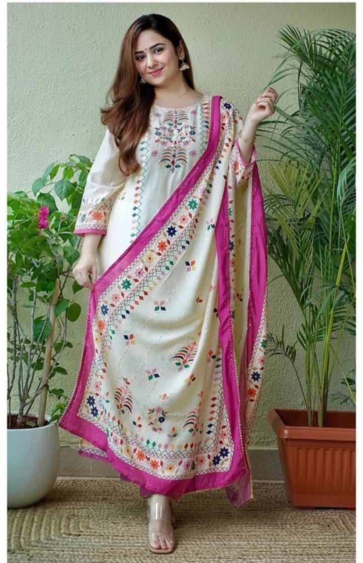 Exquisite Ivory Rayon 3-Piece Suit with Multicolor Prosin Print and Mirror Work