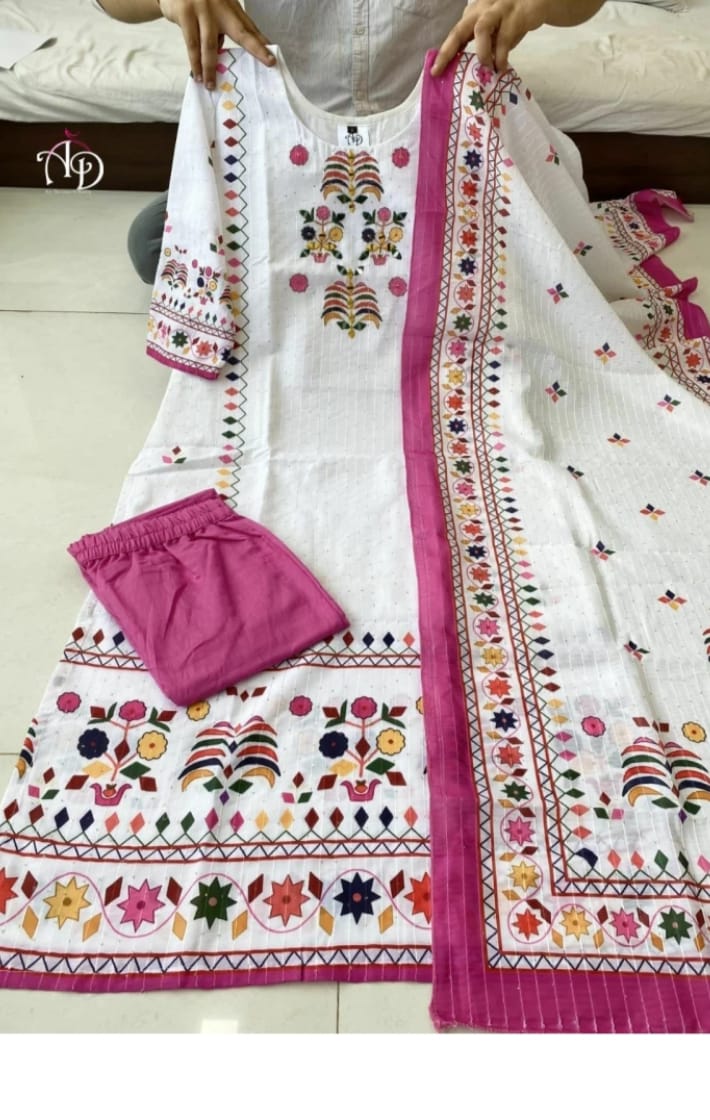 Exquisite Ivory Rayon 3-Piece Suit with Multicolor Prosin Print and Mirror Work