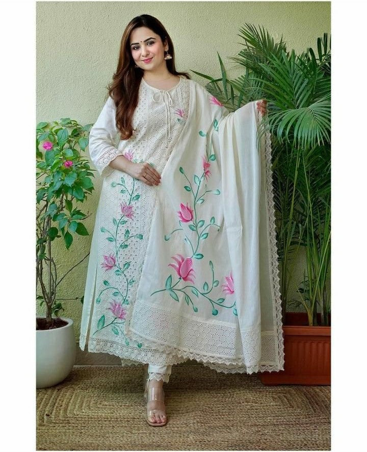 Elegant Off-White Hand-Painted Chicken Shifli Kurti Set with Mulmul Dupatta