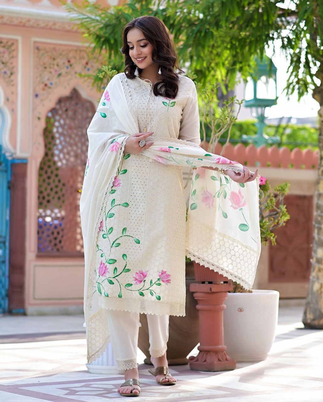 Elegant Off-White Hand-Painted Chicken Shifli Kurti Set with Mulmul Dupatta