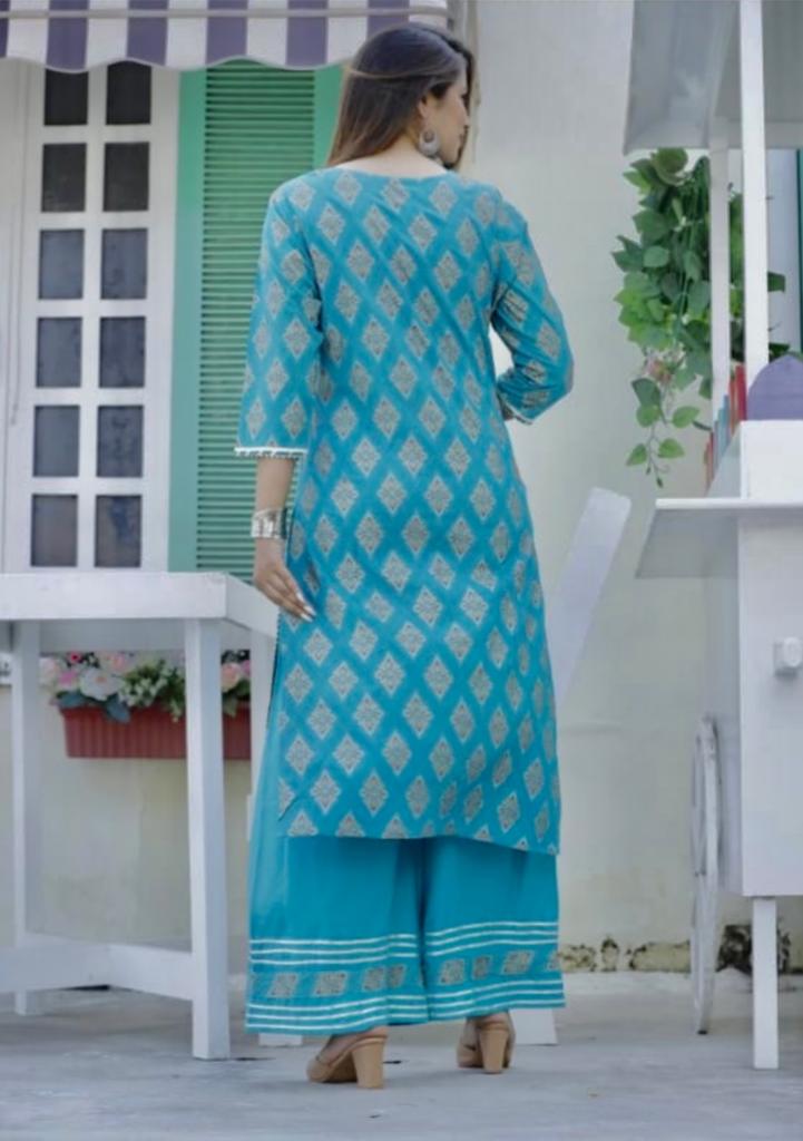 Ethereal Elegance: Rama Blue Printed Kurti Set with Gota Lace and Sharara