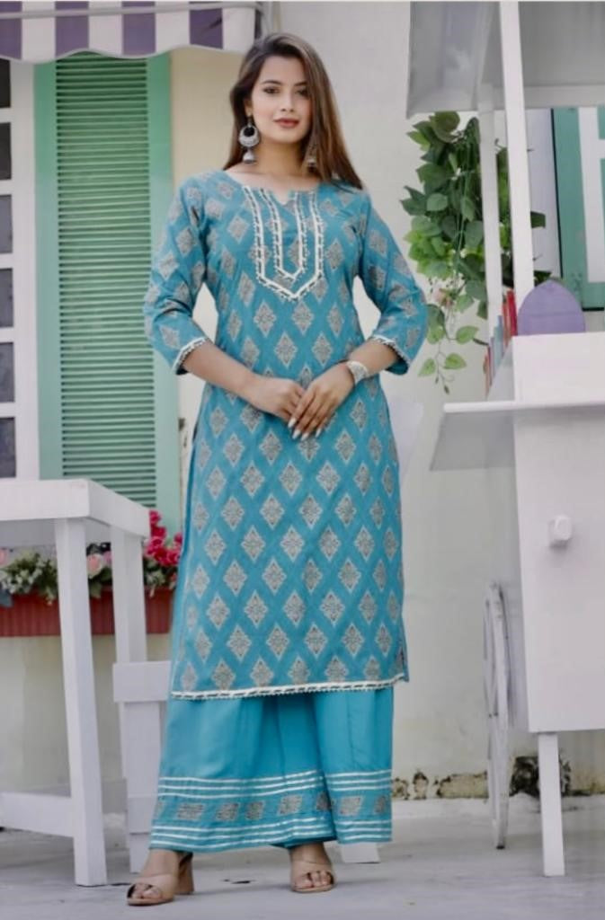 Ethereal Elegance: Rama Blue Printed Kurti Set with Gota Lace and Sharara