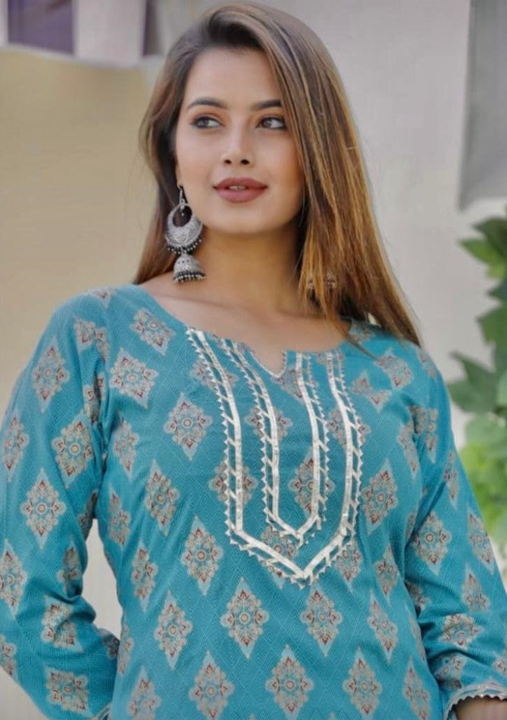 Ethereal Elegance: Rama Blue Printed Kurti Set with Gota Lace and Sharara