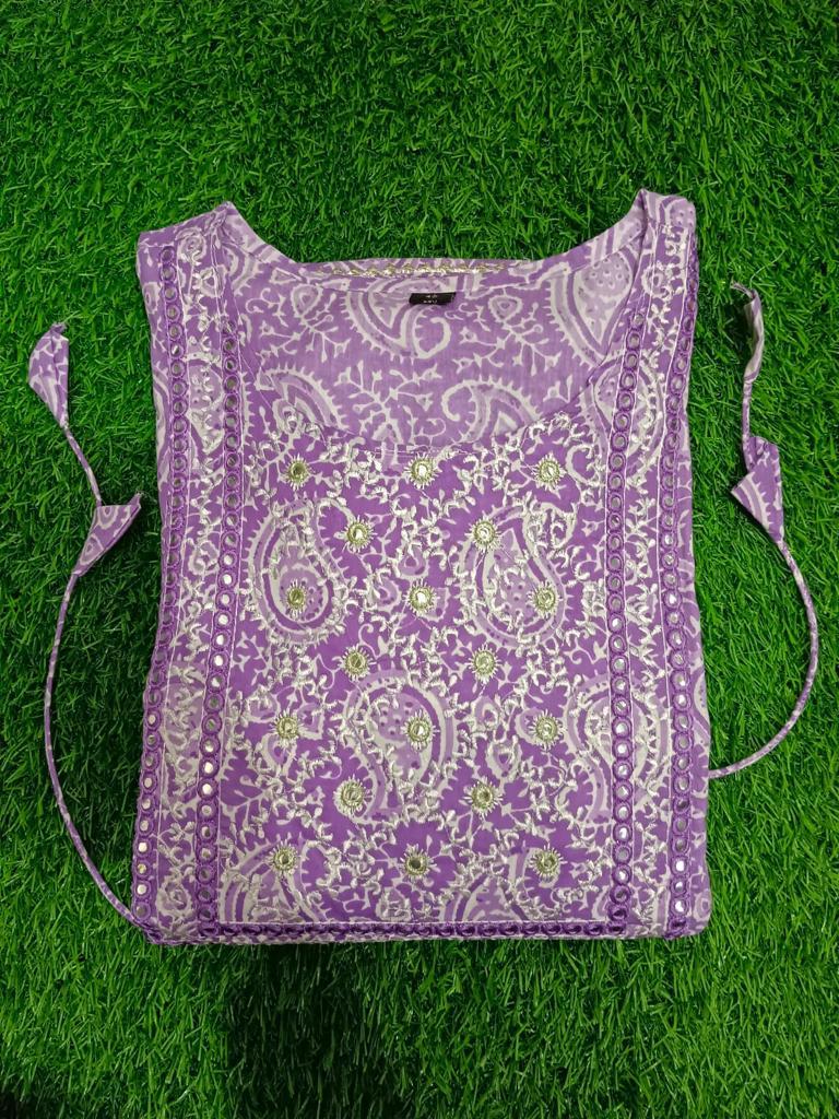 Enchanting Purple Cotton Gown with Exquisite Embroidery and Print