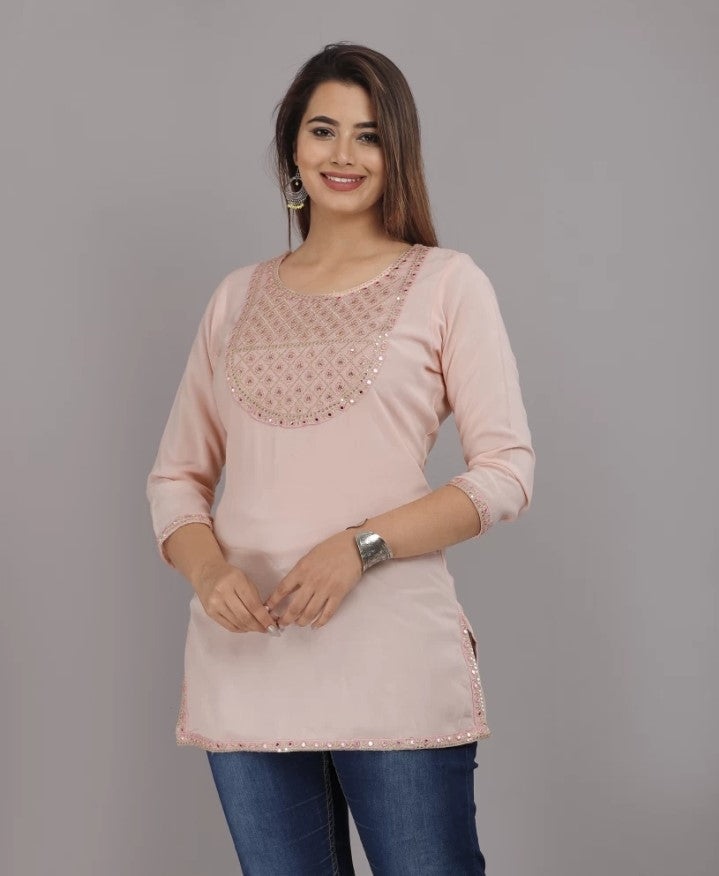 Peach Embroidery Top with Side Cut and Half Sleeves