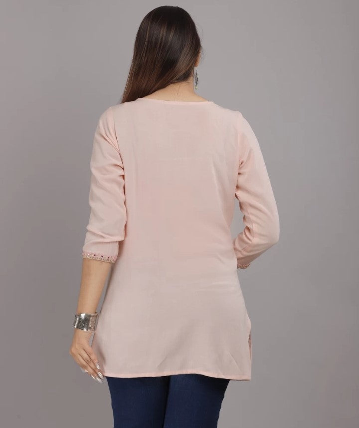 Peach Embroidery Top with Side Cut and Half Sleeves