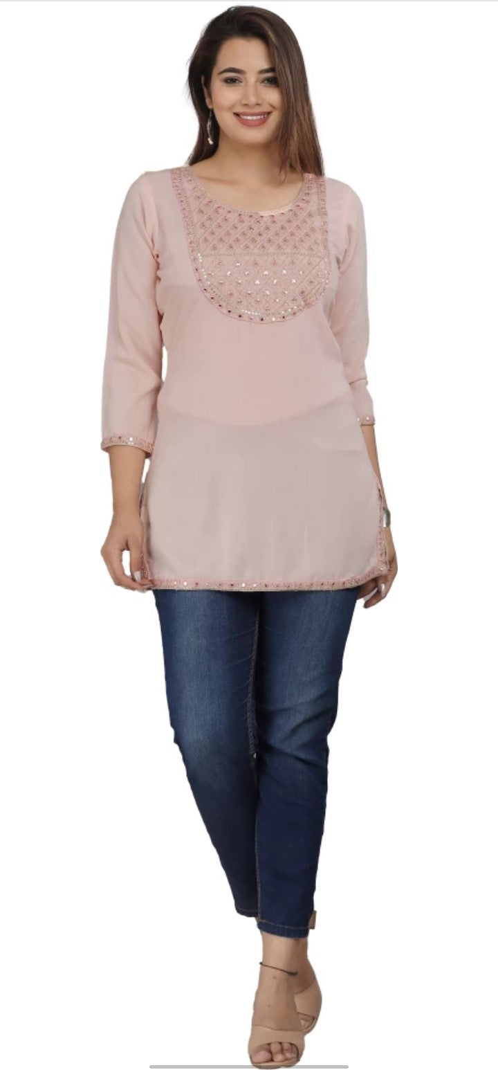 Peach Embroidery Top with Side Cut and Half Sleeves
