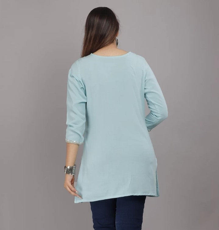 Sky Blue Embroidered Top with Side Cut and Half Sleeves