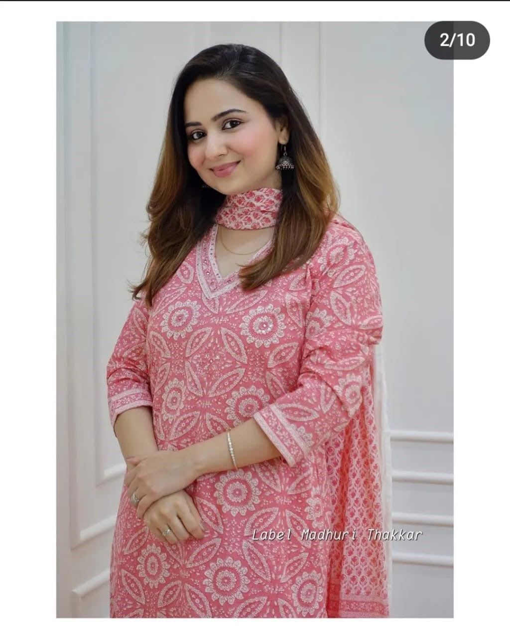 Pink Sanganeri Block Print Flared Suit with Afghani Pant and Adda Work Detailing