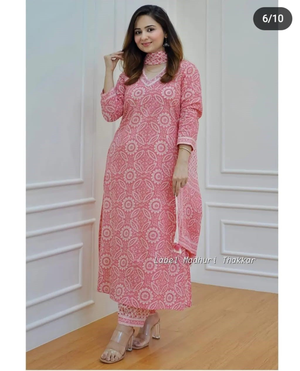 Pink Sanganeri Block Print Flared Suit with Afghani Pant and Adda Work Detailing