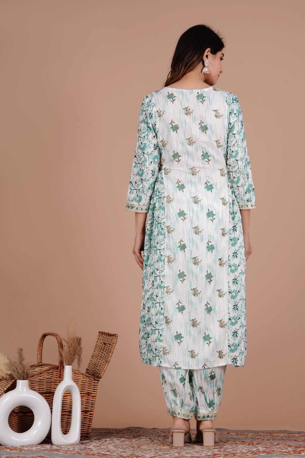 Enchanting Green Floral Afghani Suit Set: Handwork, Tassels, and Motifs