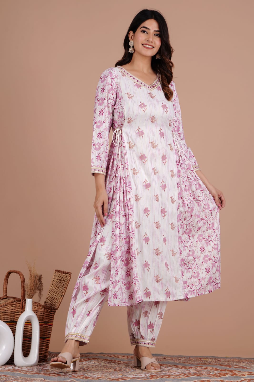 Enchanting Mauve Floral Afghani Suit Set with Handwork and Tassels
