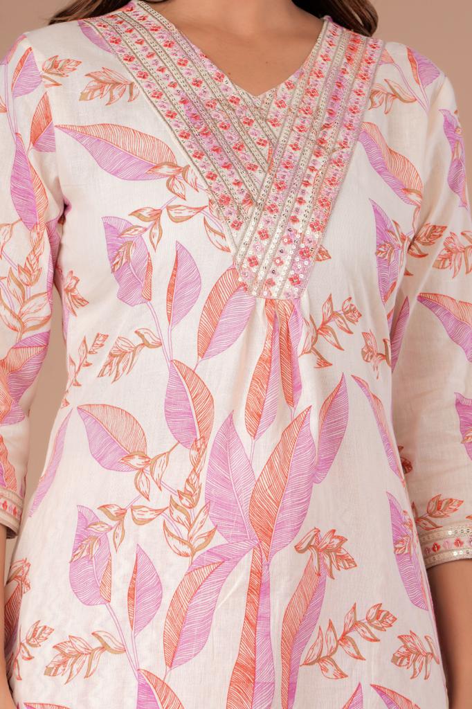 Pink Floral Afghani Suit Set with Embroidery on Neck