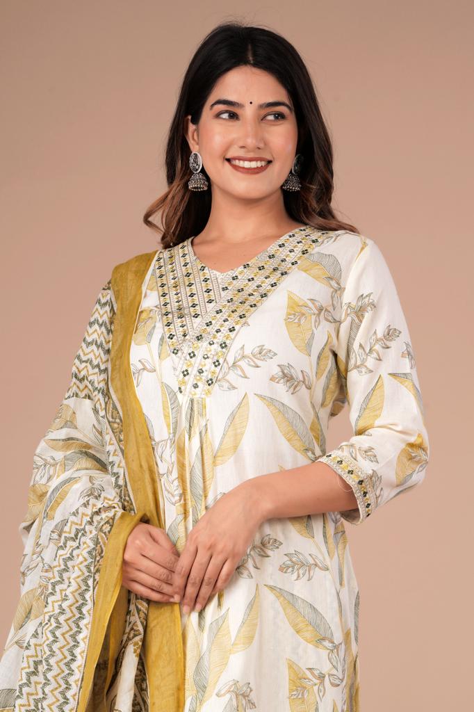 Floral Afghani Suit Set with Embroidery on Neck