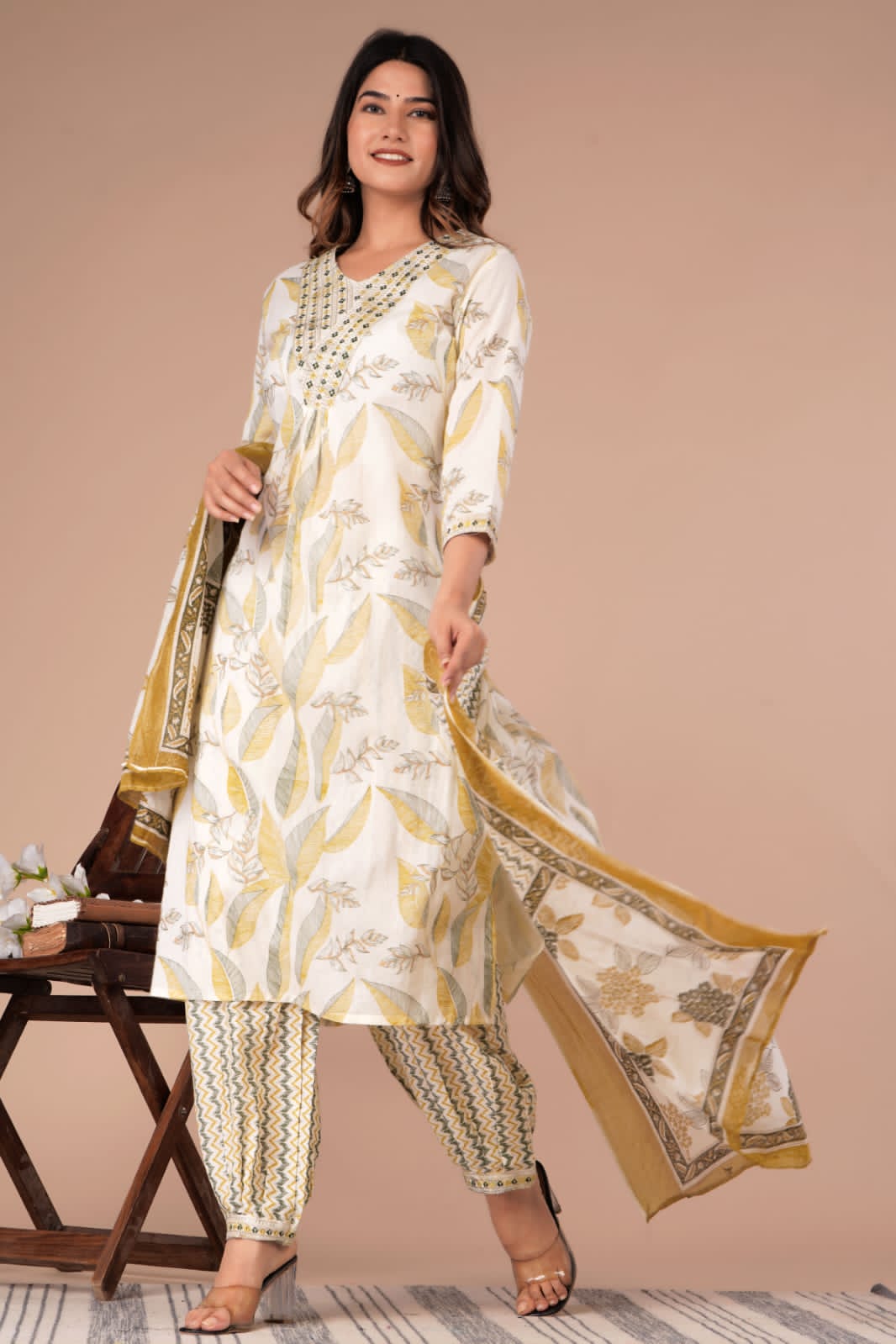 Floral Afghani Suit Set with Embroidery on Neck