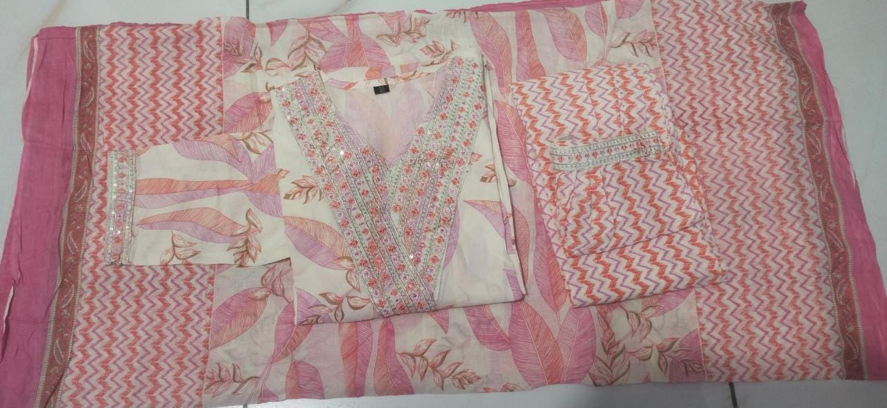 Pink Floral Afghani Suit Set with Embroidery on Neck