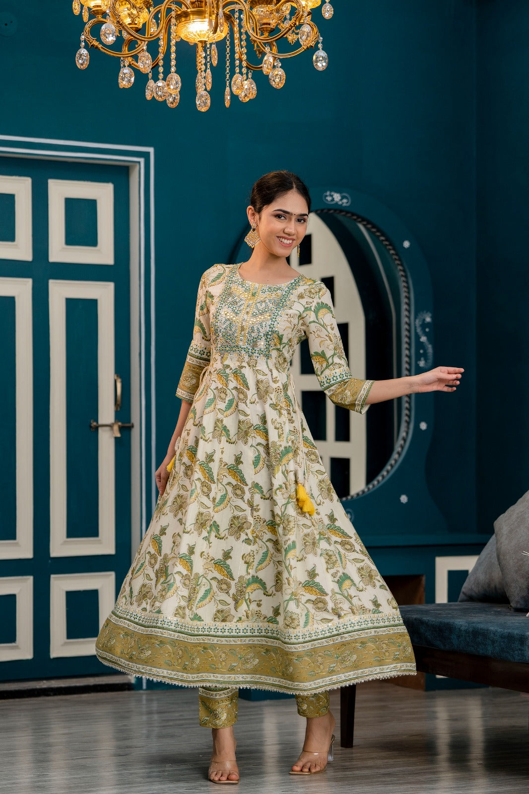 White and Light Olive Cotton Kurti Set with Sequins and Embroidery Work