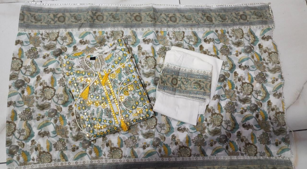 White and Light Olive Cotton Kurti Set with Sequins and Embroidery Work
