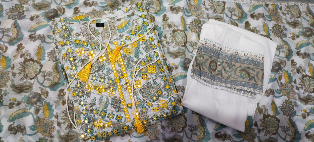 White and Light Olive Cotton Kurti Set with Sequins and Embroidery Work
