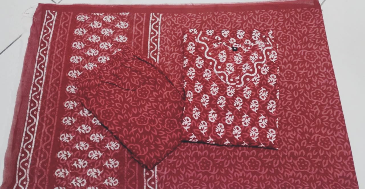 Red Cotton Suit Set: Printed Kurti, Pant, and Malmal Dupatta