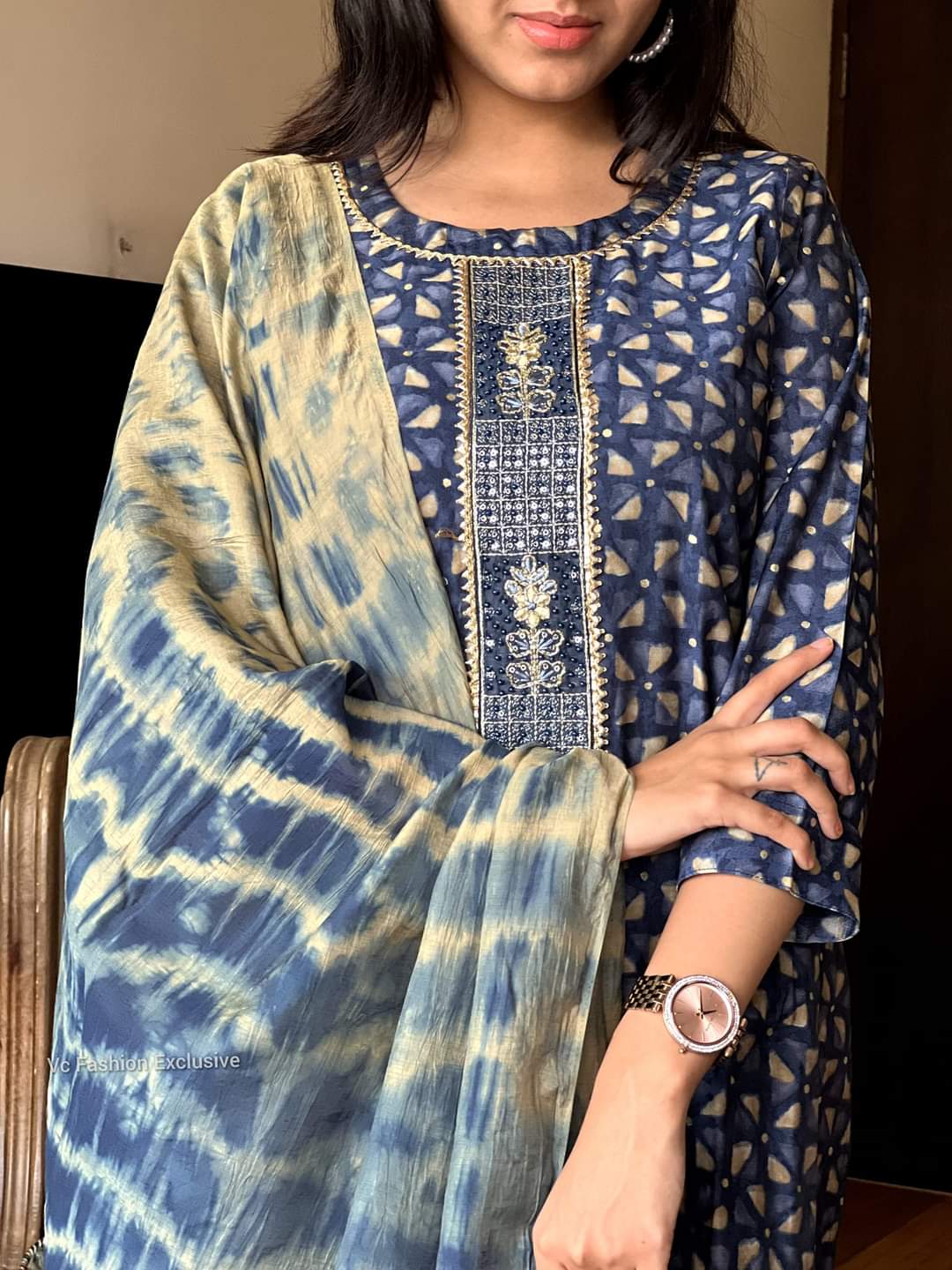 Blue Rayon Kurti Set with Embroidery Neckline and Tai Dai Dupatta