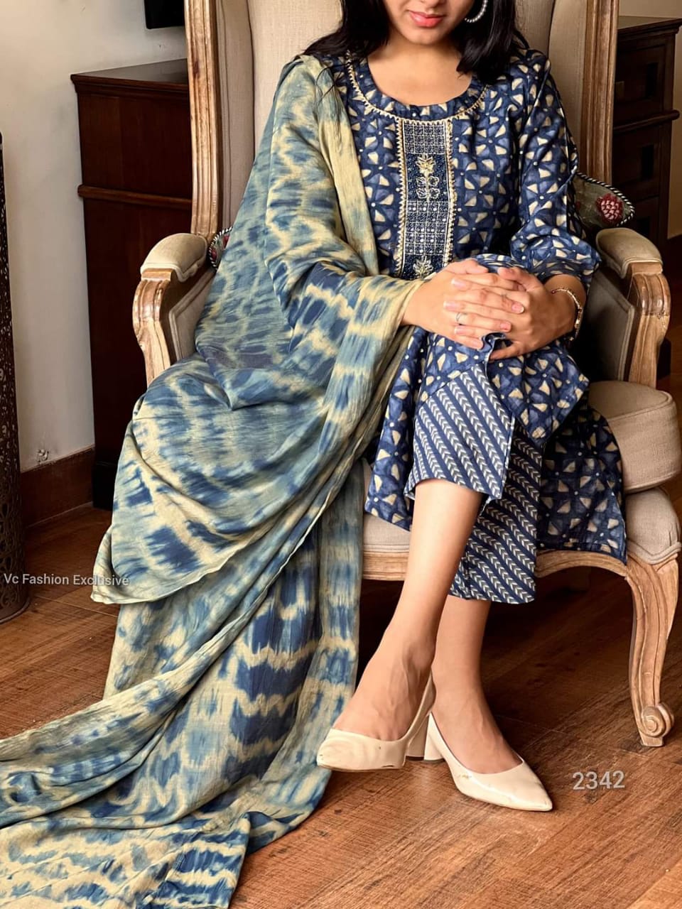 Blue Rayon Kurti Set with Embroidery Neckline and Tai Dai Dupatta