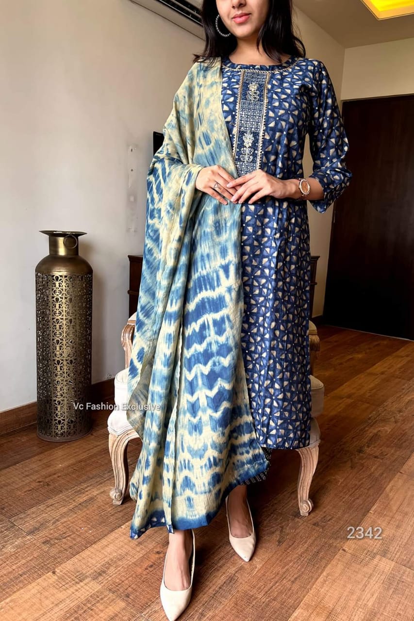 Blue Rayon Kurti Set with Embroidery Neckline and Tai Dai Dupatta