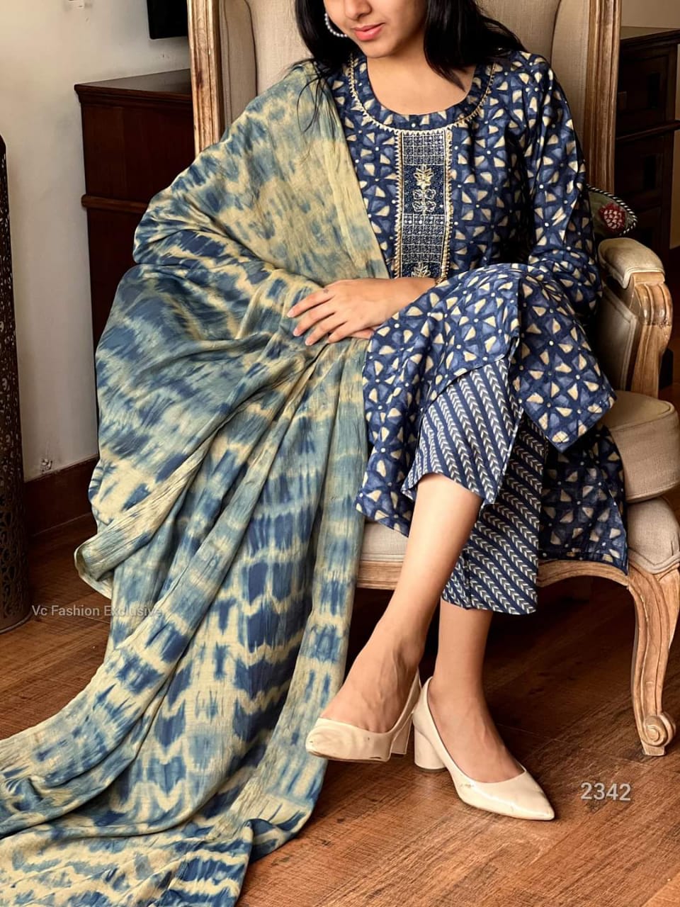 Blue Rayon Kurti Set with Embroidery Neckline and Tai Dai Dupatta