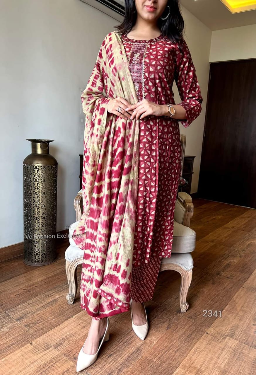 Red Rayon Suit Set with Embroidery