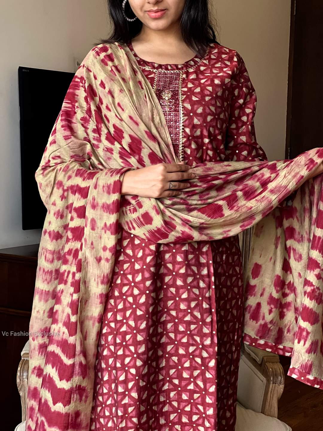 Red Rayon Suit Set with Embroidery