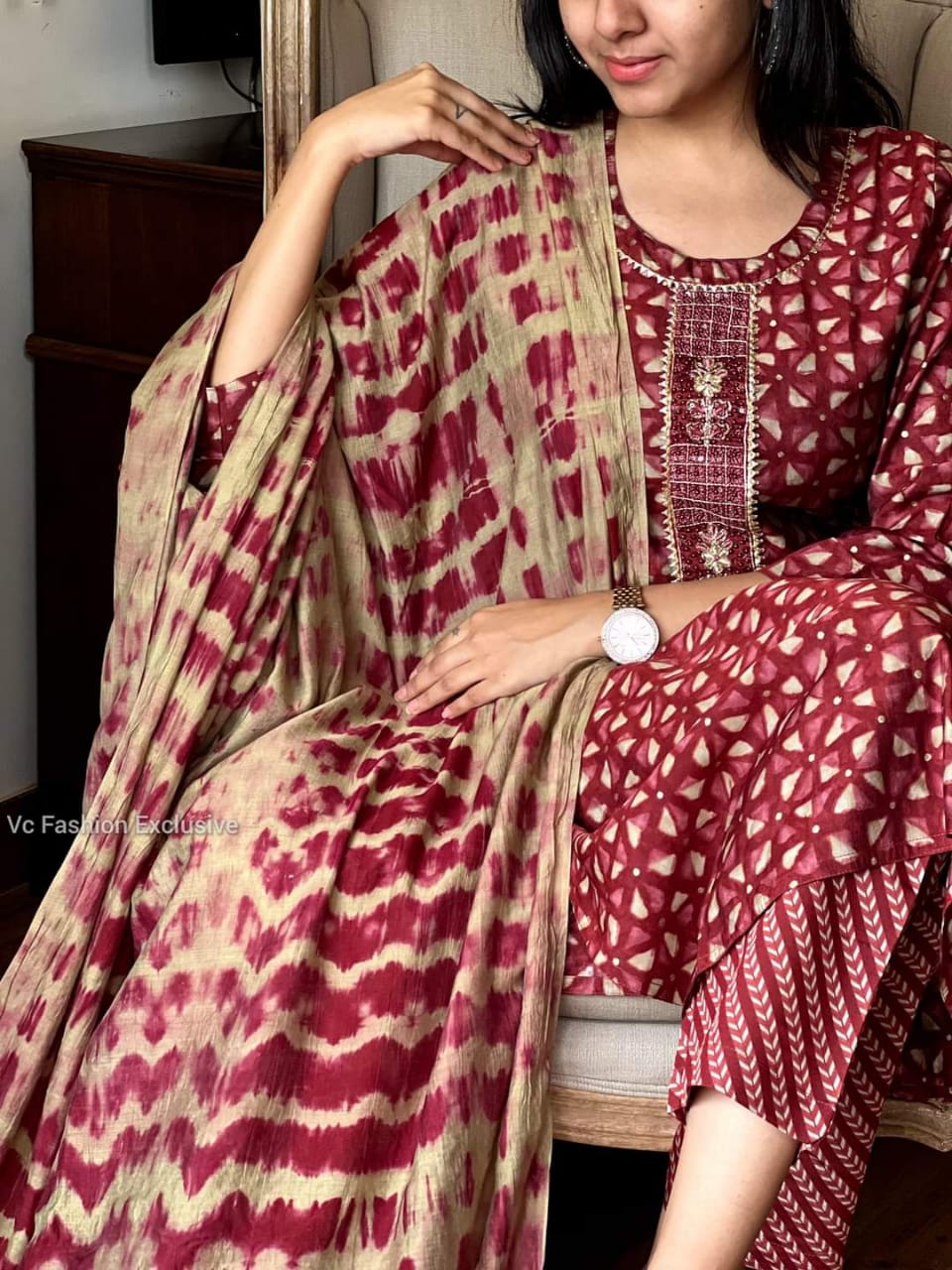 Red Rayon Suit Set with Embroidery