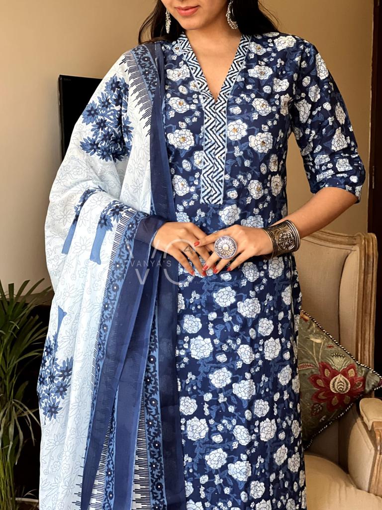 Blue Cotton 3-Piece Suit Set with Printed Border Yoke and Chicken Lace
