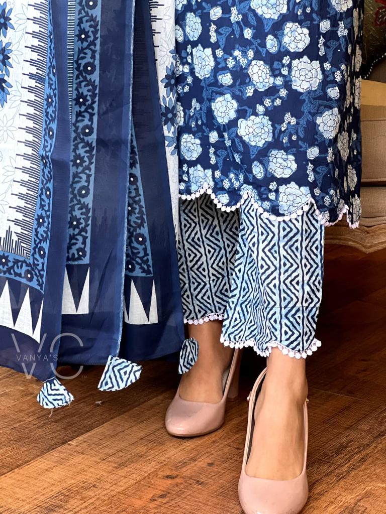 Blue Cotton 3-Piece Suit Set with Printed Border Yoke and Chicken Lace