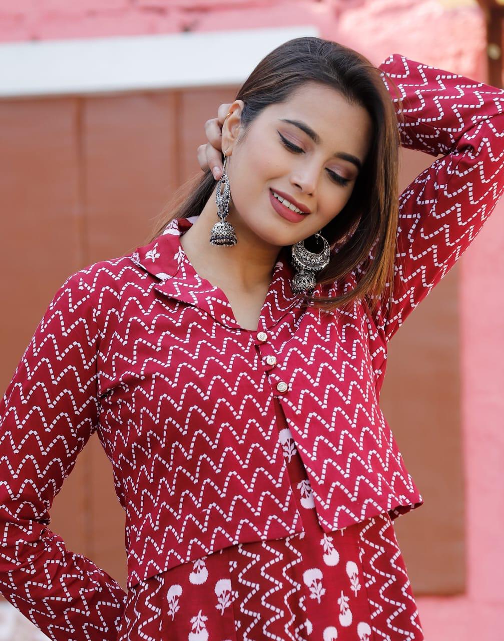 Maroon Procion Print Long Gown with Jacket Set