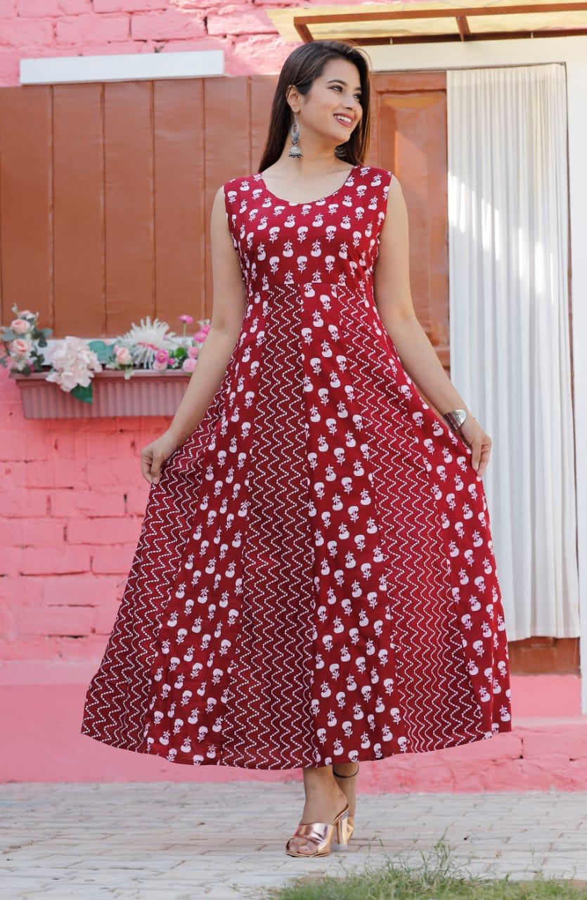 Maroon Procion Print Long Gown with Jacket Set